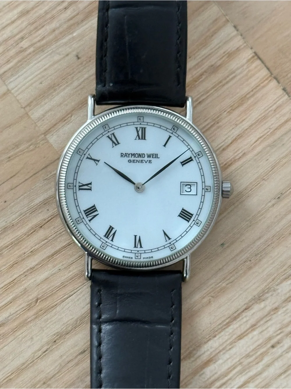 Raymond Weil Geneve Rare Stainless Case Vintage Watch White Dial Leather Strap
